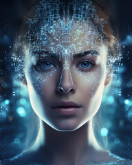The face of an android woman, covered with microchips, against the background of IT equipment. An allegory of AI intelligence. A woman's face with a polygonal light.