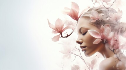 Double composition portrait of a blonde woman with close eyes and delicately pink flowers. Close up. White background. Copy space.