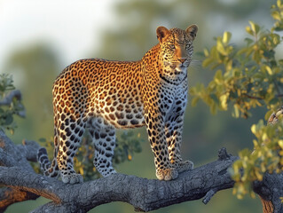 Leopard (Panthera pardus) in natural environment on a tree in Africa, AI generated