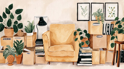 find an old treasure in cardboard box in home. cozy. watercolor illustration.