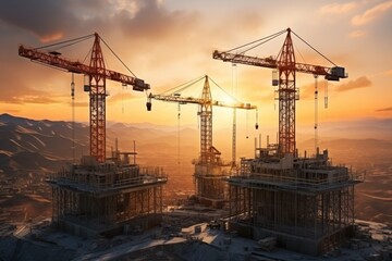Fototapeta na wymiar Construction tower cranes in the backdrop of construction and beautiful sunrise sky with clouds