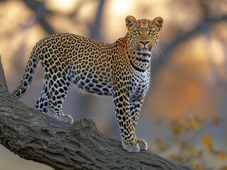 Fototapeta premium Leopard (Panthera pardus) in natural environment on a tree in Africa, AI generated