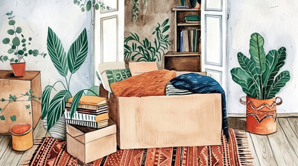 find an old treasure in cardboard box in home. cozy. watercolor illustration.