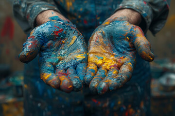 A photograph of an artist's hands at work, covered in paint, expressing the authenticity of the creative process. Concept of genuine artistic expression. Generative Ai.