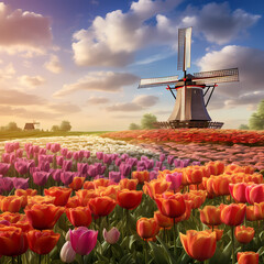 A field of tulips with a windmill in the background