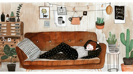 thinking of floating away from here in my home. nap time on couch. watercolor.