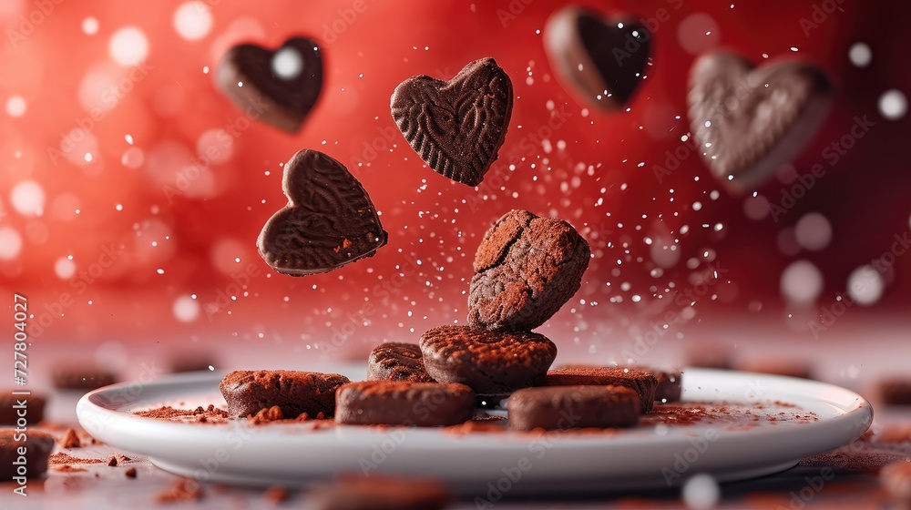 Poster A chocolate cookies in the shape of hearts flying against a red background landing on a white platter. Generative AI.