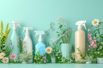generic cleaning sprays and bottles with herbs and flowers, spring cleaning concept, eco cleaning - obrazy, fototapety, plakaty