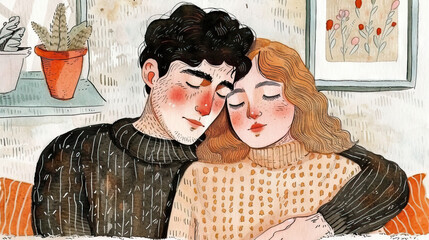 just feeling a tiny bit sad. if you could give me a hug that would be nice. Illustration. watercolor.