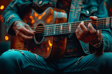 Obraz premium A close-up of a musician's calloused fingers on guitar strings, portraying the authenticity of the dedication to musical craft. Concept of genuine musical dedication. Generative Ai.