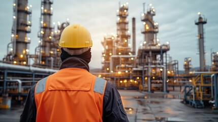 Professional engineer standing against oil refinery plant in petrochemical industry. Generative AI.