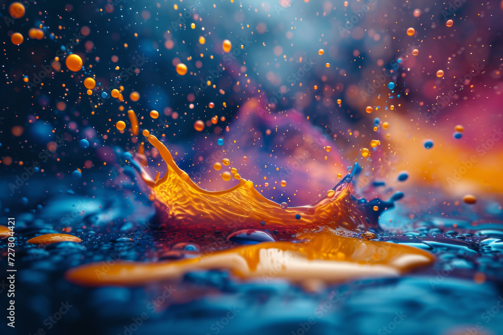Poster an abstract composition of vibrant paint splatters frozen in mid-air, creating a kaleidoscope of col