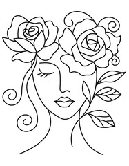 Beautiful woman face with roses. Vector illustration for coloring book.