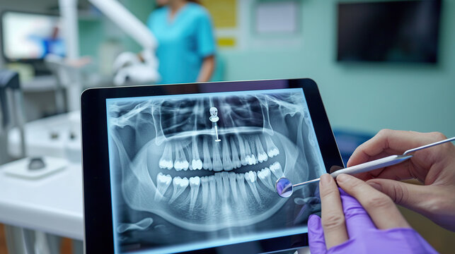 the dentist and his patient analyze the possibility of installing a dental implant using an X-ray image on a digital tablet and an icon of a specialized program in a virtual interface