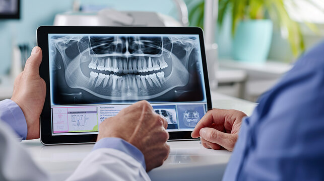 the dentist and his patient analyze the possibility of installing a dental implant using an X-ray image on a digital tablet and an icon of a specialized program in a virtual interface
