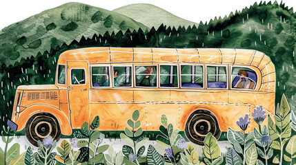 a yellow bus riding over big green hills at sunset. surreal. Watercolor.