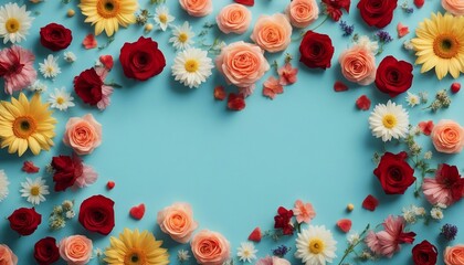 Top view arrangement of colorful flowers with heart shape placed on blue background
