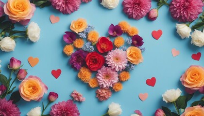 Fototapeta na wymiar Top view arrangement of colorful flowers with heart shape placed on blue background 