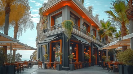 Facade Luxury architecture restaurant single floor. Generative AI.