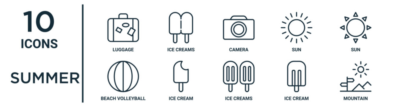 summer outline icon set such as thin line luggage, camera, sun, ice cream, ice cream, mountain, beach volleyball icons for report, presentation, diagram, web design