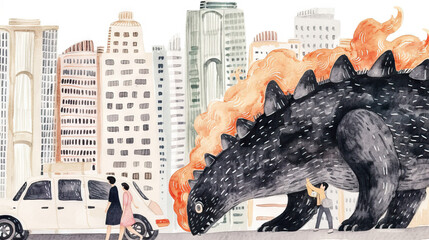 big monster destroying city skyline. Illustration. Watercolor.