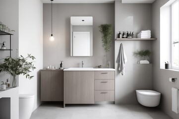 home design, bathroom interior in modern scandinavian style in natural gray tones