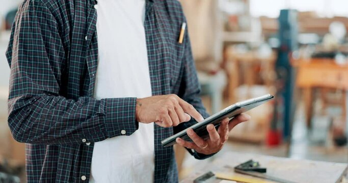 Tablet, carpentry and hands in wood workshop for online order, design and planning. Closeup of carpenter person with digital app for manufacturing research or idea in furniture or woodwork factory