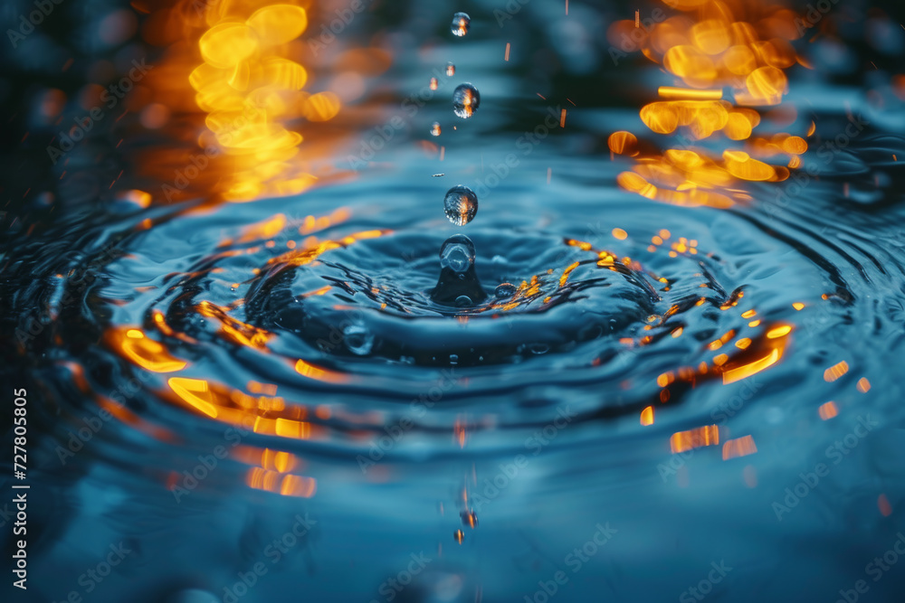 Poster abstract close-up of a reflective water surface disturbed by raindrops, creating a dynamic play of l