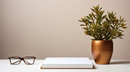 Modern office desk mockup with notebook, glasses, green plant - minimalist, soft light, empty space