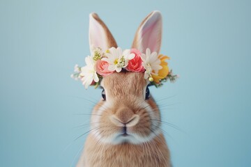 Easter bunny with a beautiful flower crown made of fresh spring flowers, pastel background