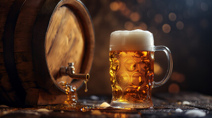 Beer mug on a wooden background with cold frothy ale, isolated and full, in a pub or bar setting