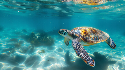 Sea turtle in crystal clear water.