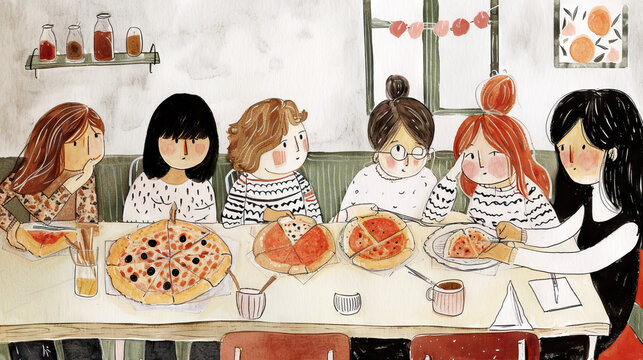 pizza party at high school classroom. Illustration. watercolor.