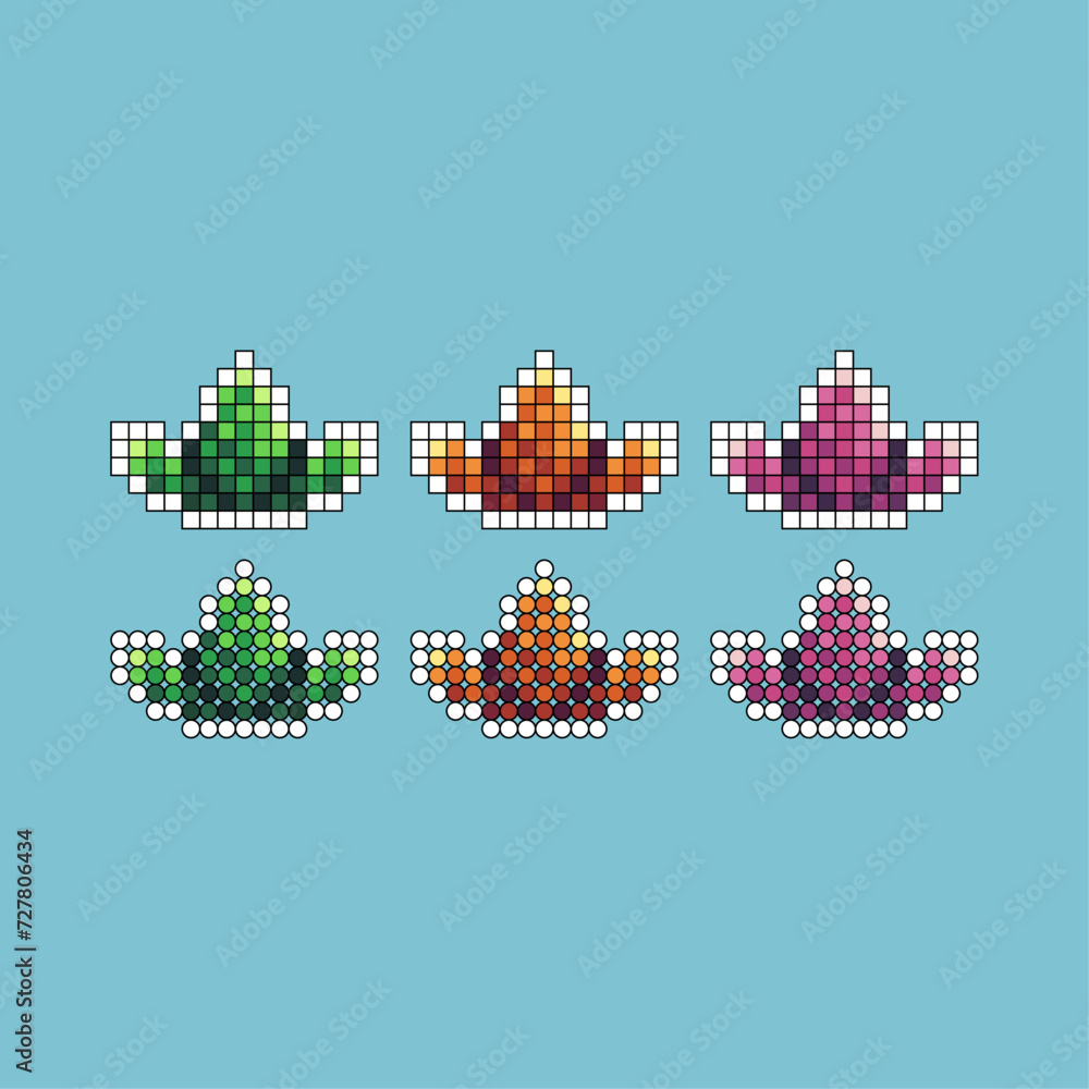 Poster pixel art stroke sets icon of leaf logo variation color. leaf icon on pixelated style. 8bits illustr