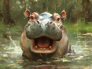 Funny happy hippo. Edited AI illustration.	