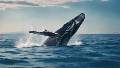 big whale with pointed fins skipping in blue ocean water with foam
