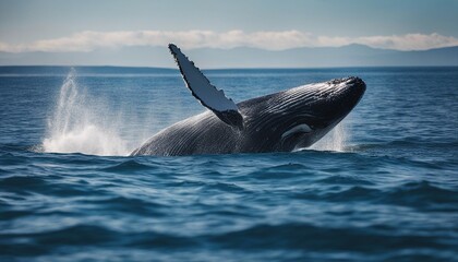 Fototapeta premium big whale with pointed fins skipping in blue ocean water with foam 