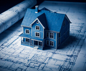 Classic house model on blueprint