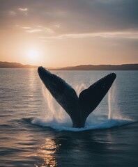 Fototapeta premium big whale with pointed fins skipping in blue ocean water with foam, sunset 