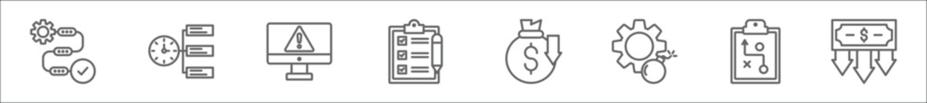 Outline Set Of Crisis Management Line Icons. Linear Vector Icons Such As Procedure, Timeline, Alert, Assessment, Investment, Threat, Strategy, Lost