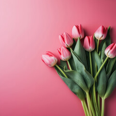 Fototapeta premium Bouquet of pink tulips on a pink background with copy space