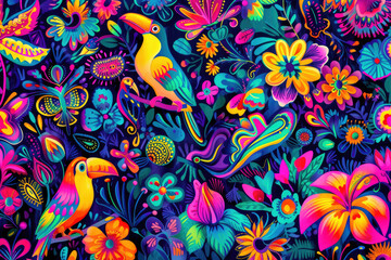 Fototapeta na wymiar Seamless pattern background influenced by the organic forms and vibrant colors of tropical rainforests with colourful birds and flowers