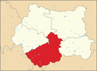 Red flat blank highlighted location map of the METROPOLITAN BOROUGH OF KIRKLEES inside beige administrative local authority districts map of West Yorkshire, England