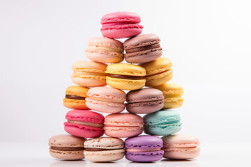 Vibrant, stacked macarons in various colors against a clean, white backdrop. Ideal for bakery menus or dessert advertisements. Copy space available.