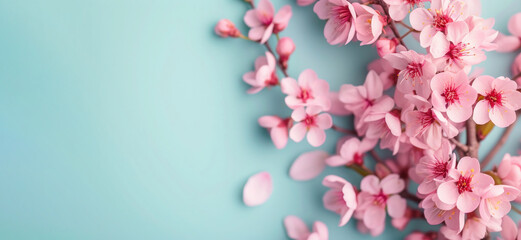 Obraz premium Spring blossom pink flowers on blue pastel background. Greeting card. Copy space