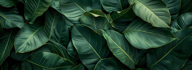 A nature background featuring an abstract green leaf texture. The image showcases dark green tropical leaves in close-up, revealing layered textures and various elements of tropical flora.