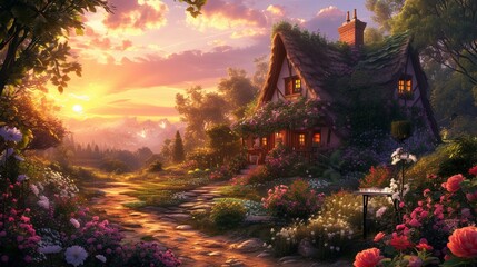 A scene of a cozy cottage garden at sunset, with flowers in full bloom. Oil painting.