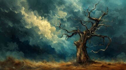 A scene of an old, twisted tree standing alone in a field, its branches stretching towards a stormy sky. Oil painting. 