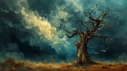 Foto op Plexiglas A scene of an old, twisted tree standing alone in a field, its branches stretching towards a stormy sky. Oil painting.  © Dannchez