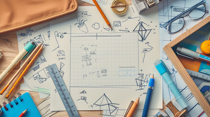 A back-to-school concept with neatly arranged supplies on a table, including pencils and paper The visual encompasses planning, drawing, business, architectural design, engineering